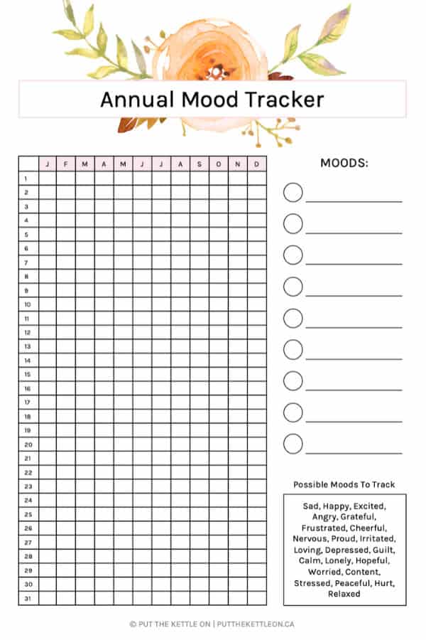 Yearly mood tracker with possible moods to track - printable pdf