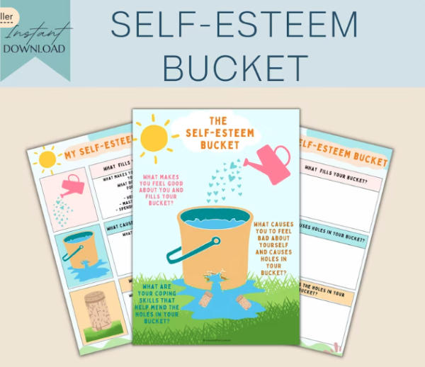 self esteem bucket - kids self-care worksheets