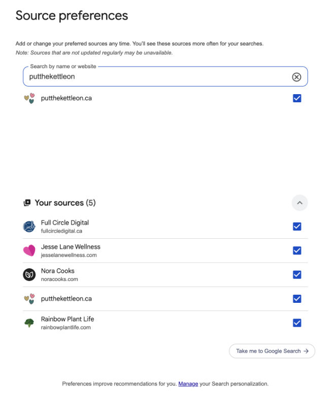 Google Preferred Source page